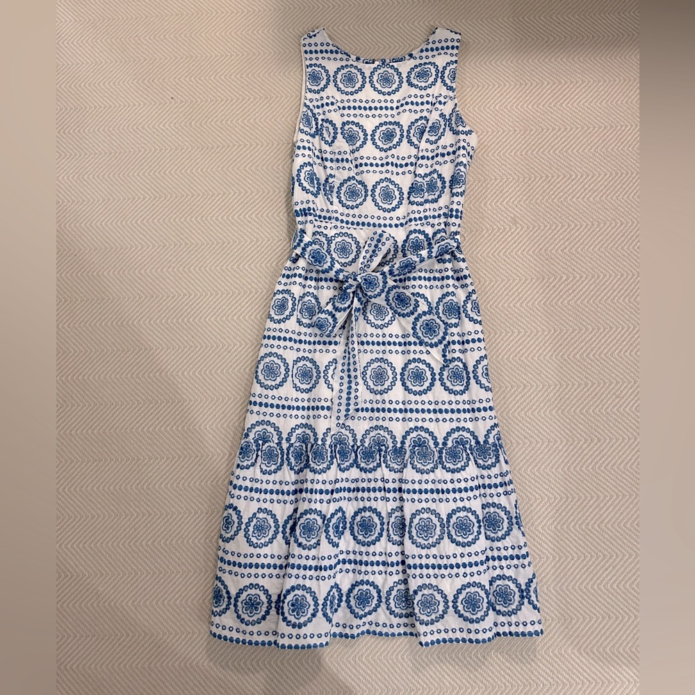 Boden eyelet blue and white midi tie-waist dress.